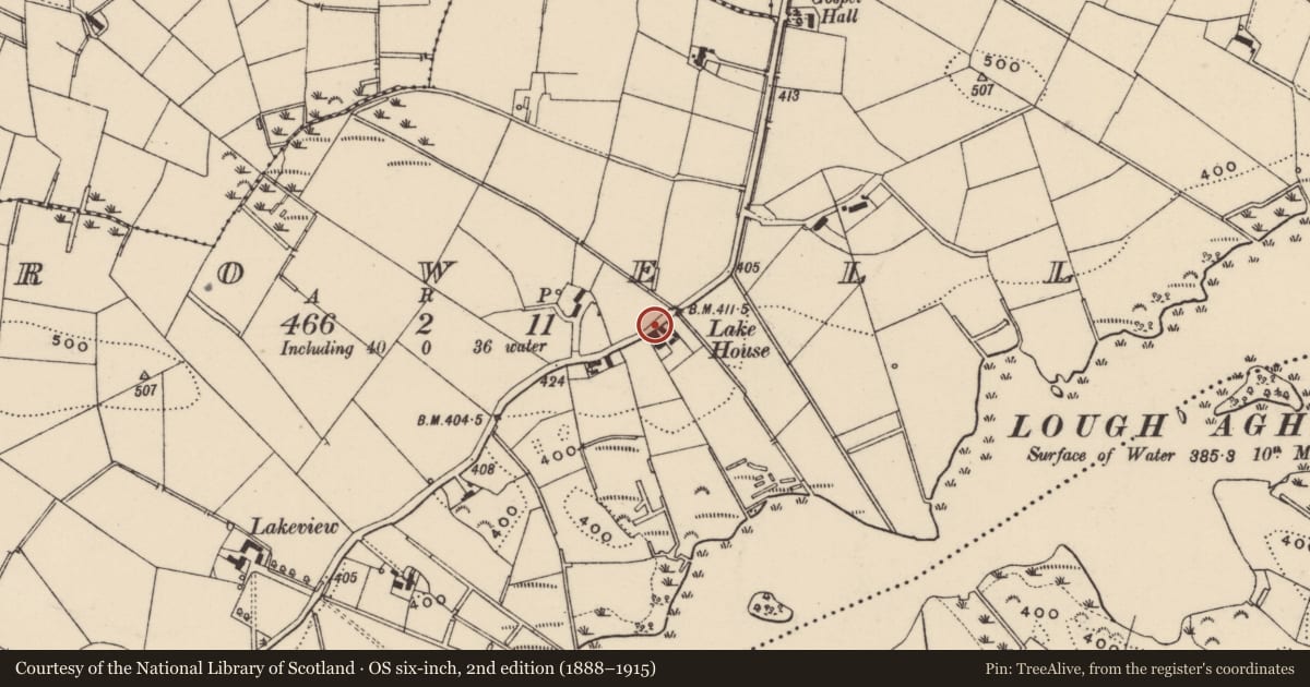Ordnance Survey six-inch map, 2nd edition (1888–1915) covering the location of Lake House, Growell, Lisburn and Castlereagh, with a pin at the register's coordinates