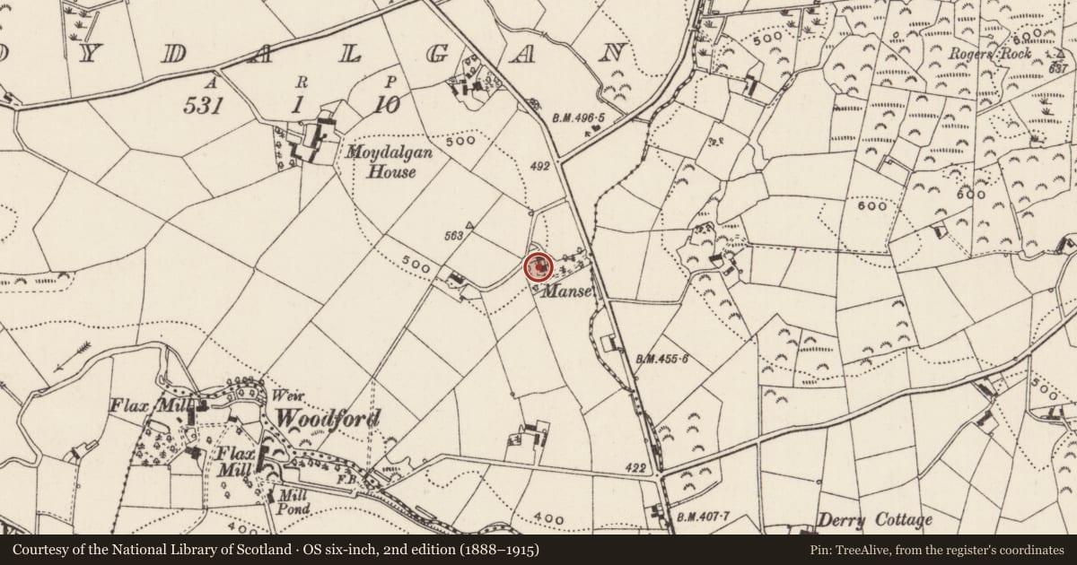 Ordnance Survey six-inch map, 2nd edition (1888–1915) covering the location of Mullaghdrin House, Moydalgan, Lisburn and Castlereagh, with a pin at the register's coordinates