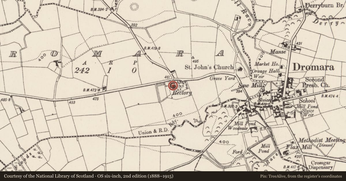 Ordnance Survey six-inch map, 2nd edition (1888–1915) covering the location of Former Rectory, Dromara, Lisburn and Castlereagh, with a pin at the register's coordinates