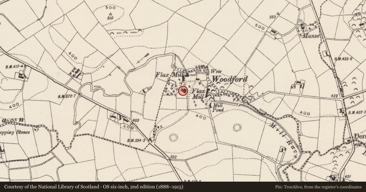 Ordnance Survey six-inch map, 2nd edition (1888–1915) covering the location of Woodford House, Dromara, Lisburn and Castlereagh, with a pin at the register's coordinates