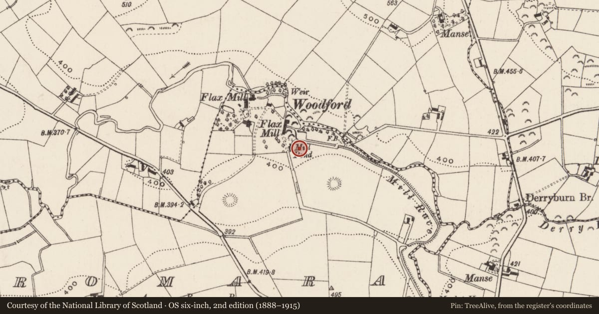 Ordnance Survey six-inch map, 2nd edition (1888–1915) covering the location of Mill buildings, Dromara, Lisburn and Castlereagh, with a pin at the register's coordinates