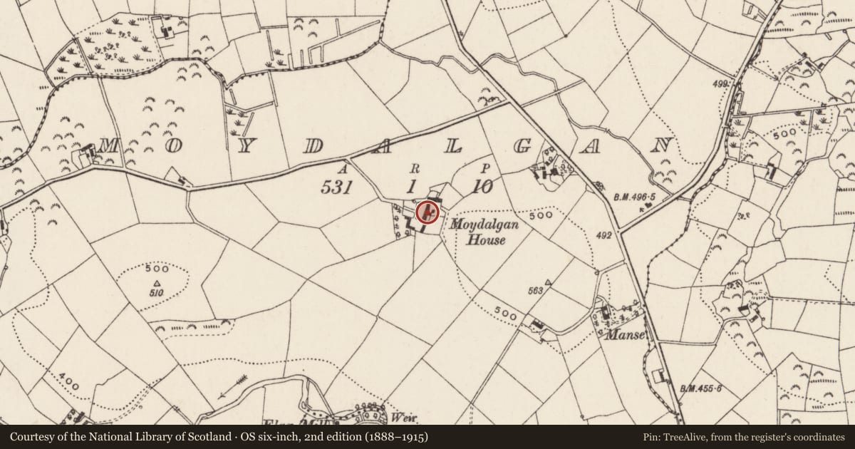 Ordnance Survey six-inch map, 2nd edition (1888–1915) covering the location of Maydalgan House, Lisburn and Castlereagh, with a pin at the register's coordinates