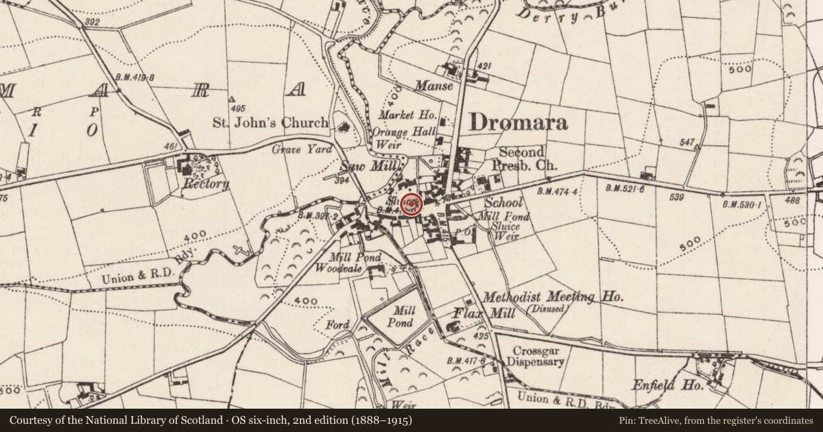 Ordnance Survey six-inch map, 2nd edition (1888–1915) covering the location of 1-11 Dromore Street, Lisburn and Castlereagh, with a pin at the register's coordinates