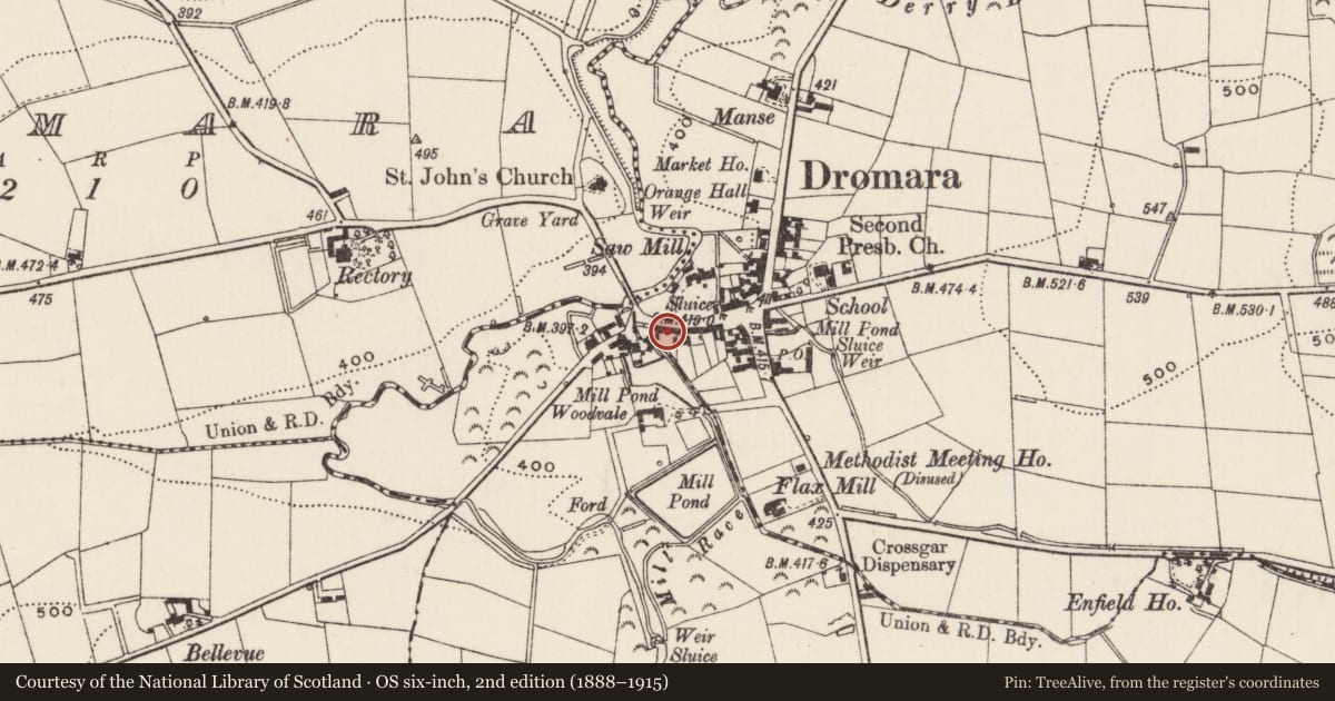 Ordnance Survey six-inch map, 2nd edition (1888–1915) covering the location of 22-26 Dromore Street, Lisburn and Castlereagh, with a pin at the register's coordinates