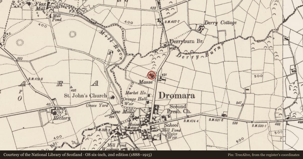 Ordnance Survey six-inch map, 2nd edition (1888–1915) covering the location of Dromara Manse, Lisburn and Castlereagh, with a pin at the register's coordinates
