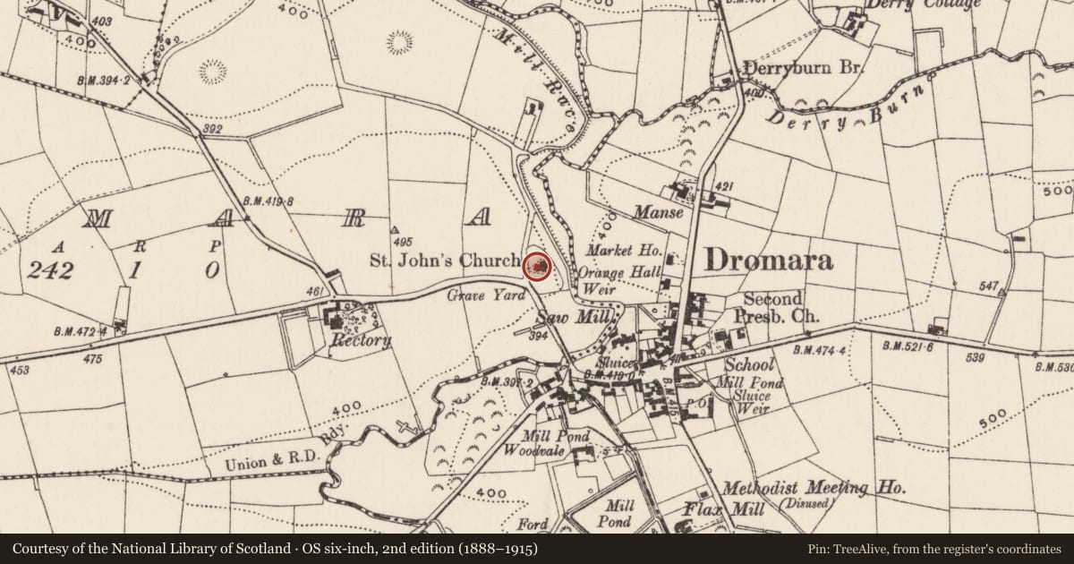 Ordnance Survey six-inch map, 2nd edition (1888–1915) covering the location of St. John's Church of Ireland, Dromora, Lisburn and Castlereagh, with a pin at the register's coordinates