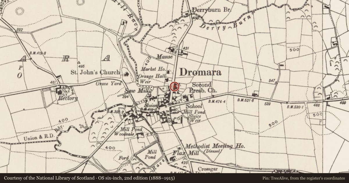 Ordnance Survey six-inch map, 2nd edition (1888–1915) covering the location of 21-23 Hillsborough Road, Lisburn and Castlereagh, with a pin at the register's coordinates