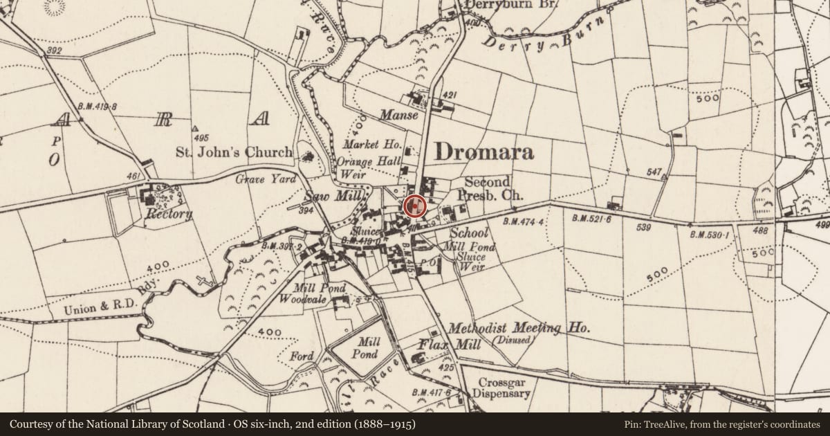 Ordnance Survey six-inch map, 2nd edition (1888–1915) covering the location of 10 Hillsborough Road, Lisburn and Castlereagh, with a pin at the register's coordinates