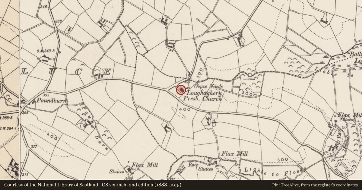 Ordnance Survey six-inch map, 2nd edition (1888–1915) covering the location of Loughaghery Presbyterian Church, Lisburn and Castlereagh, with a pin at the register's coordinates
