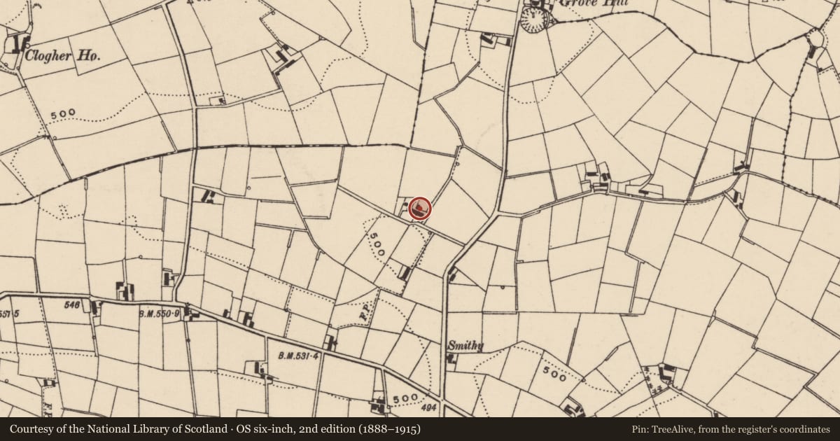 Ordnance Survey six-inch map, 2nd edition (1888–1915) covering the location of 58 Tullynore Road, Lisburn and Castlereagh, with a pin at the register's coordinates