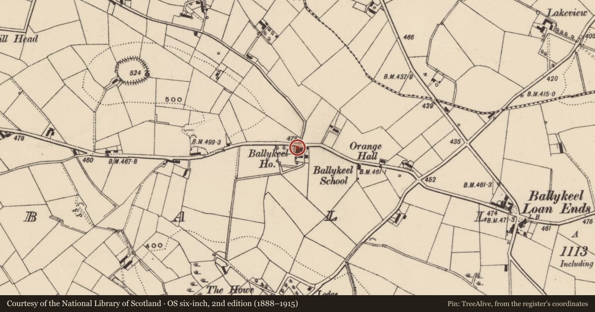 Ordnance Survey six-inch map, 2nd edition (1888–1915) covering the location of Ballykeel House, Lisburn and Castlereagh, with a pin at the register's coordinates