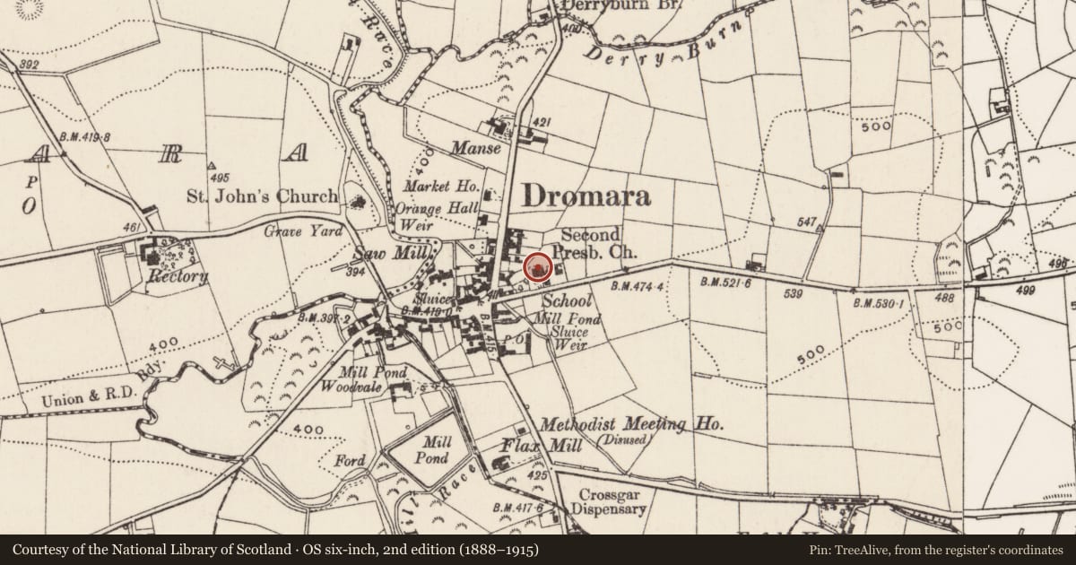 Ordnance Survey six-inch map, 2nd edition (1888–1915) covering the location of Dromara Second Presbyterian Church, Lisburn and Castlereagh, with a pin at the register's coordinates