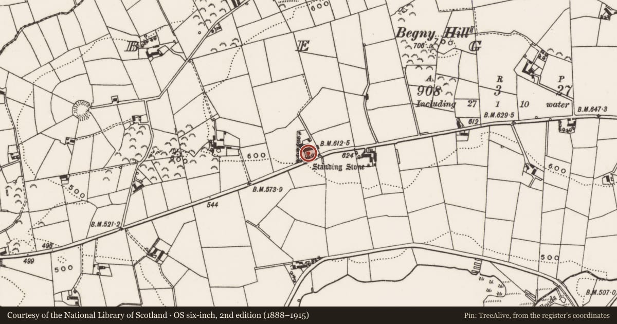 Ordnance Survey six-inch map, 2nd edition (1888–1915) covering the location of 38 Begney Hill Road, Lisburn and Castlereagh, with a pin at the register's coordinates