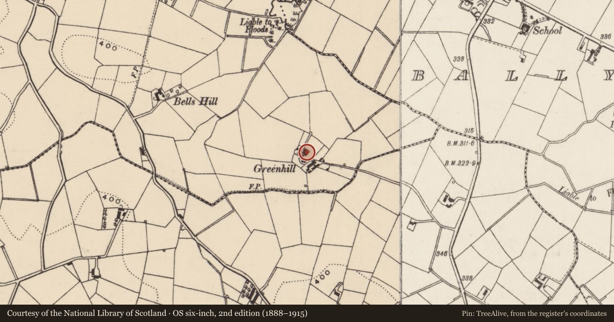 Ordnance Survey six-inch map, 2nd edition (1888–1915) covering the location of Farm Outbuildings and Horsewalk, Ballylintag, Lisburn and Castlereagh, with a pin at the register's coordinates