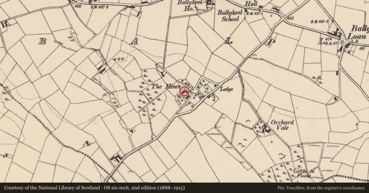 Ordnance Survey six-inch map, 2nd edition (1888–1915) covering the location of The Howe, Ballykeel, Lisburn and Castlereagh, with a pin at the register's coordinates