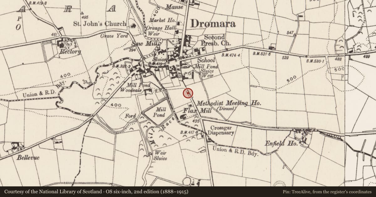 Ordnance Survey six-inch map, 2nd edition (1888–1915) covering the location of Former Police Station, Begny, Lisburn and Castlereagh, with a pin at the register's coordinates