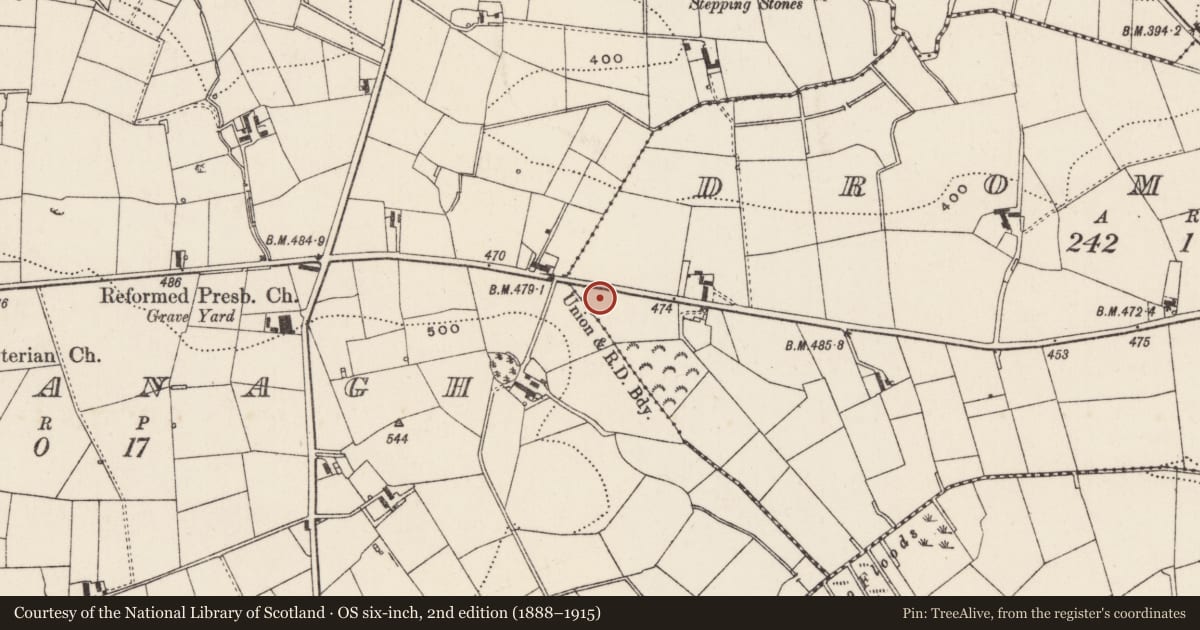 Ordnance Survey six-inch map, 2nd edition (1888–1915) covering the location of 28 Banbridge Road, Lisburn and Castlereagh, with a pin at the register's coordinates