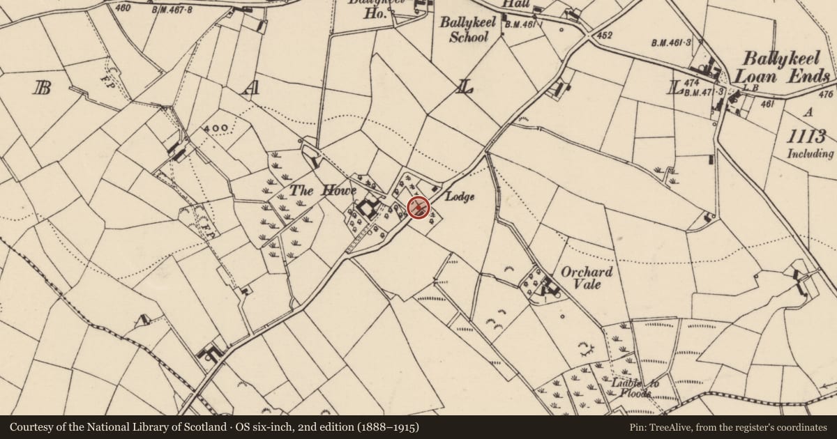 Ordnance Survey six-inch map, 2nd edition (1888–1915) covering the location of 15 Howe Road, Ballykeel, Lisburn and Castlereagh, with a pin at the register's coordinates