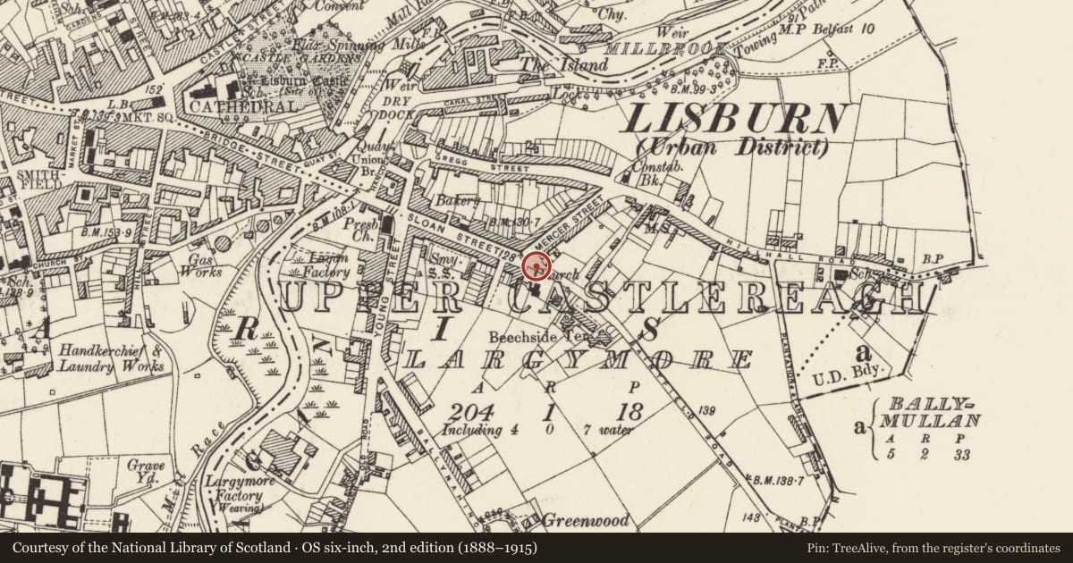 Ordnance Survey six-inch map, 2nd edition (1888–1915) covering the location of 2 Graham Place, Largymore, Lisburn and Castlereagh, with a pin at the register's coordinates