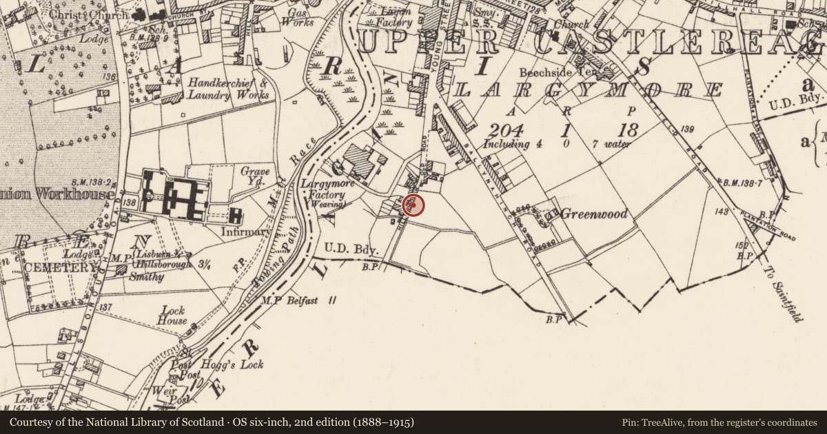 Ordnance Survey six-inch map, 2nd edition (1888–1915) covering the location of 1-7 The Close, Lisburn and Castlereagh, with a pin at the register's coordinates