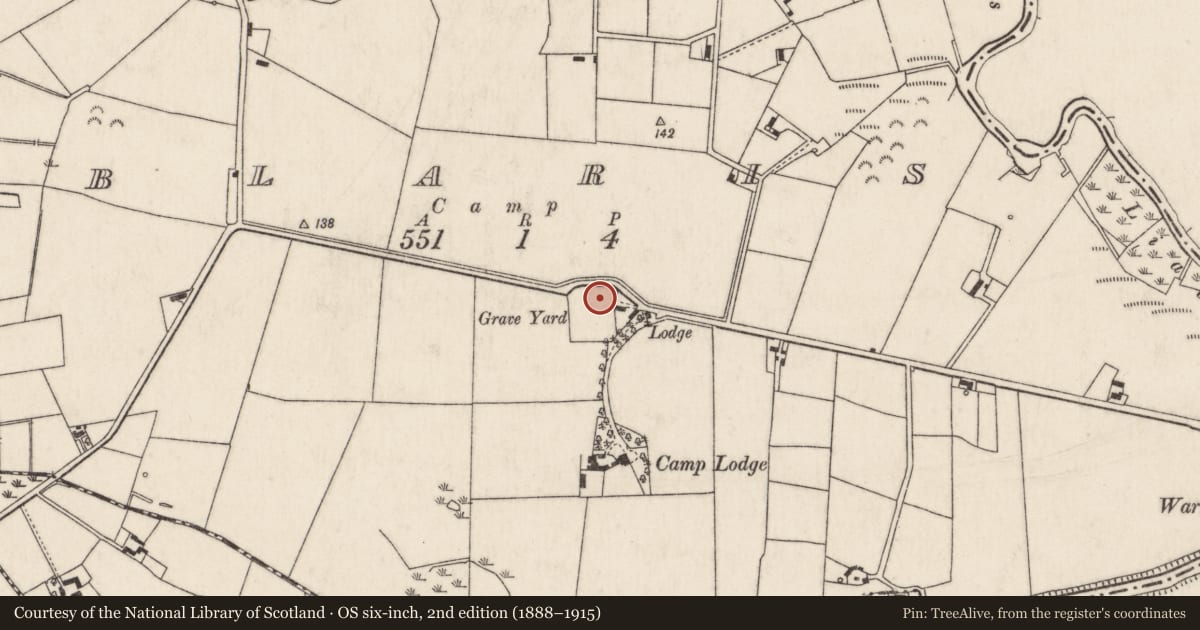 Ordnance Survey six-inch map, 2nd edition (1888–1915) covering the location of Blaris Old Burial Ground, Lisburn and Castlereagh, with a pin at the register's coordinates