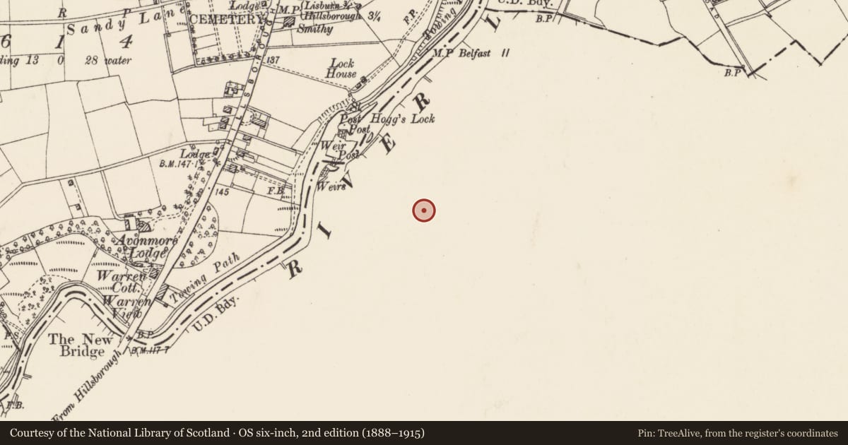 Ordnance Survey six-inch map, 2nd edition (1888–1915) covering the location of Altona Cottage, Lisburn and Castlereagh, with a pin at the register's coordinates