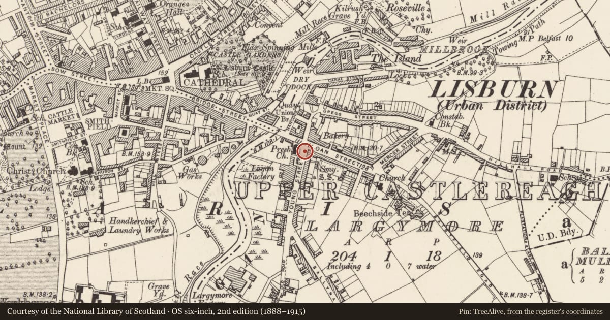 Ordnance Survey six-inch map, 2nd edition (1888–1915) covering the location of Sloan Street Presbyterian Church, Lisburn and Castlereagh, with a pin at the register's coordinates