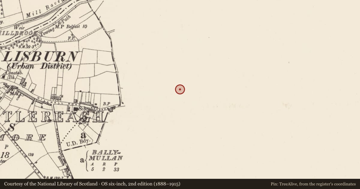 Ordnance Survey six-inch map, 2nd edition (1888–1915) covering the location of Ashmount Cottage, Ballymullan, Lisburn and Castlereagh, with a pin at the register's coordinates