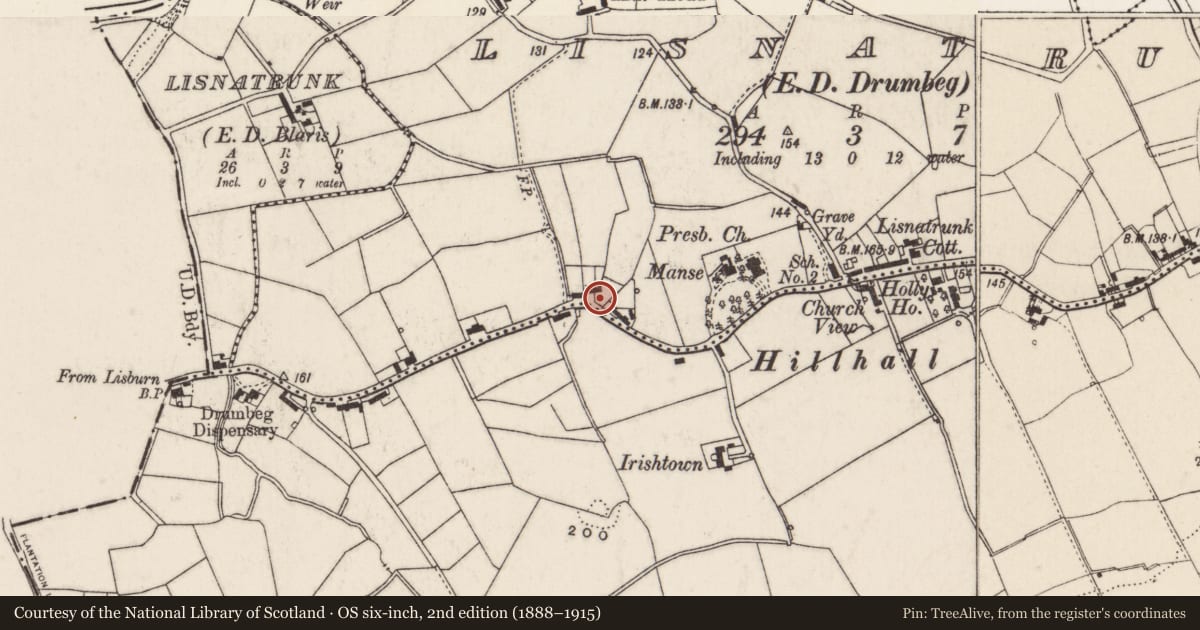 Ordnance Survey six-inch map, 2nd edition (1888–1915) covering the location of Woodview Cottage, Lisburn and Castlereagh, with a pin at the register's coordinates