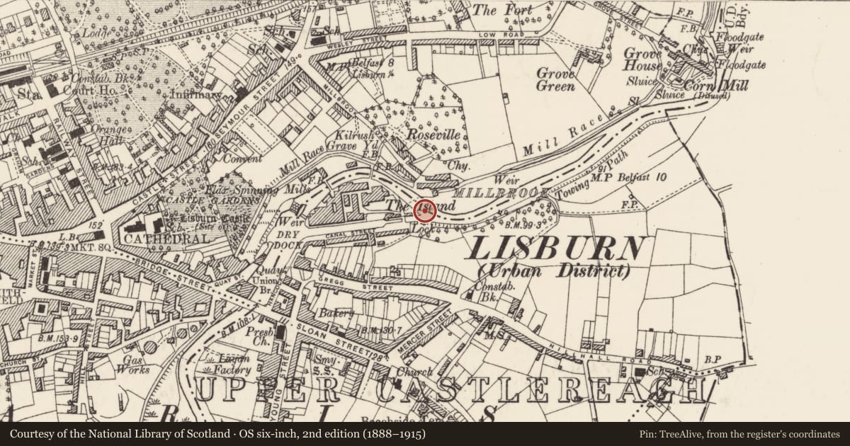 Ordnance Survey six-inch map, 2nd edition (1888–1915) covering the location of Lock Keepers House, Lisburn and Castlereagh, with a pin at the register's coordinates