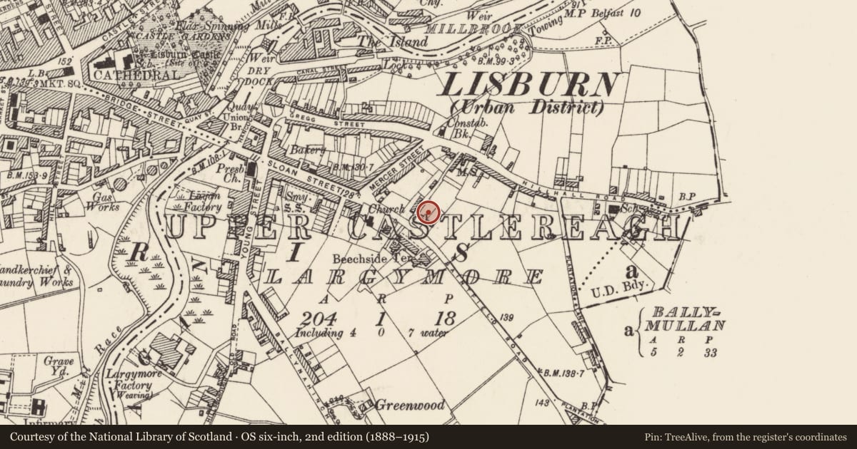 Ordnance Survey six-inch map, 2nd edition (1888–1915) covering the location of 1 Cromwell’s Highway, Lisburn and Castlereagh, with a pin at the register's coordinates