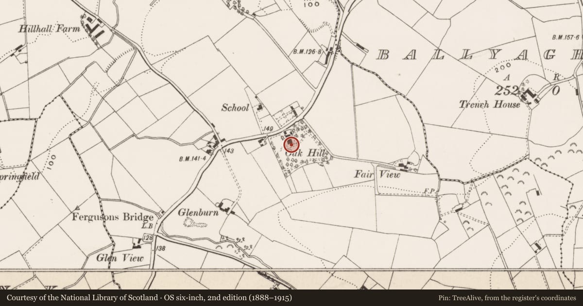 Ordnance Survey six-inch map, 2nd edition (1888–1915) covering the location of Oakhill, Hillhall, with a pin at the register's coordinates