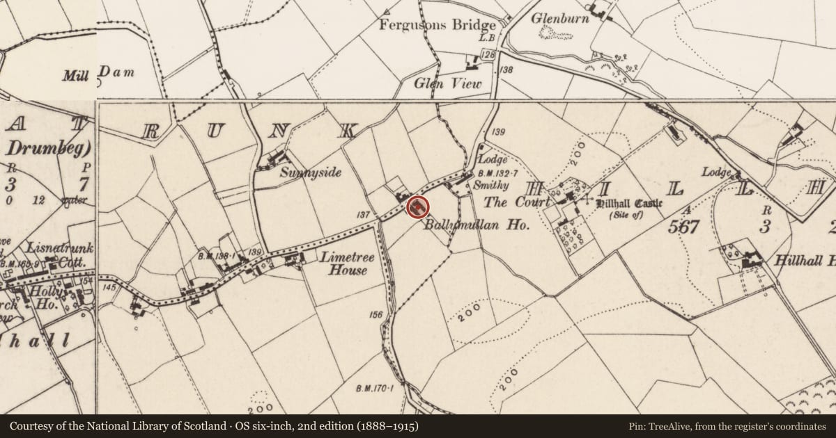Ordnance Survey six-inch map, 2nd edition (1888–1915) covering the location of 214 Hillhall Road, Ballymullan, Lisburn and Castlereagh, with a pin at the register's coordinates