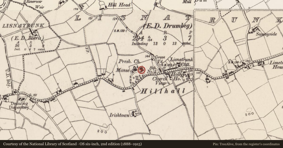 Ordnance Survey six-inch map, 2nd edition (1888–1915) covering the location of Hillhall Presbyterian Church, Lisnatruck Lambeg/Ballymullan, Lisburn and Castlereagh, with a pin at the register's coordinates