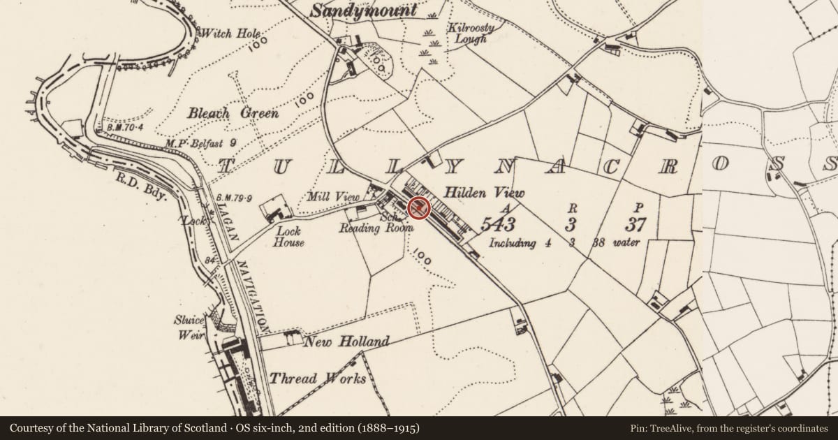 Ordnance Survey six-inch map, 2nd edition (1888–1915) covering the location of Telephone Kiosk, near 14 Hilden View, Tullynacross Road, Tullynacross, Lisburn BT27 5SF, Lisburn and Castlereagh, with a pin at the register's coordinates