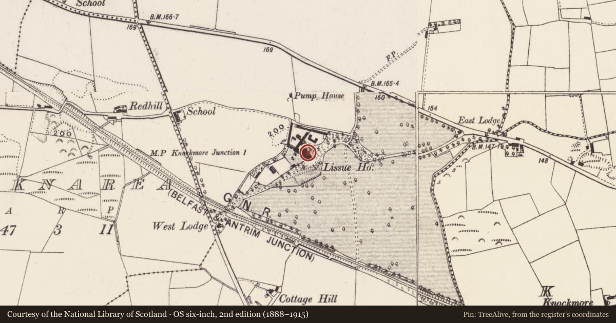 Ordnance Survey six-inch map, 2nd edition (1888–1915) covering the location of Lissue House, Lisburn and Castlereagh, with a pin at the register's coordinates