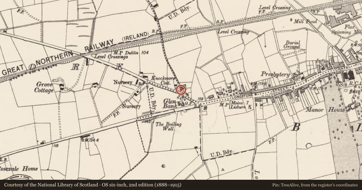 Ordnance Survey six-inch map, 2nd edition (1888–1915) covering the location of Block 1, Lisburn and Castlereagh, with a pin at the register's coordinates