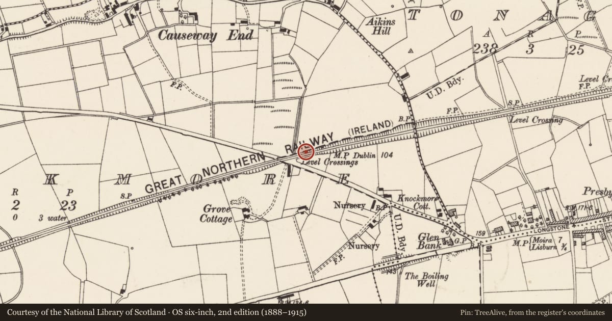 Ordnance Survey six-inch map, 2nd edition (1888–1915) covering the location of Road over railway Bridge, Knockmore, Lisburn and Castlereagh, with a pin at the register's coordinates