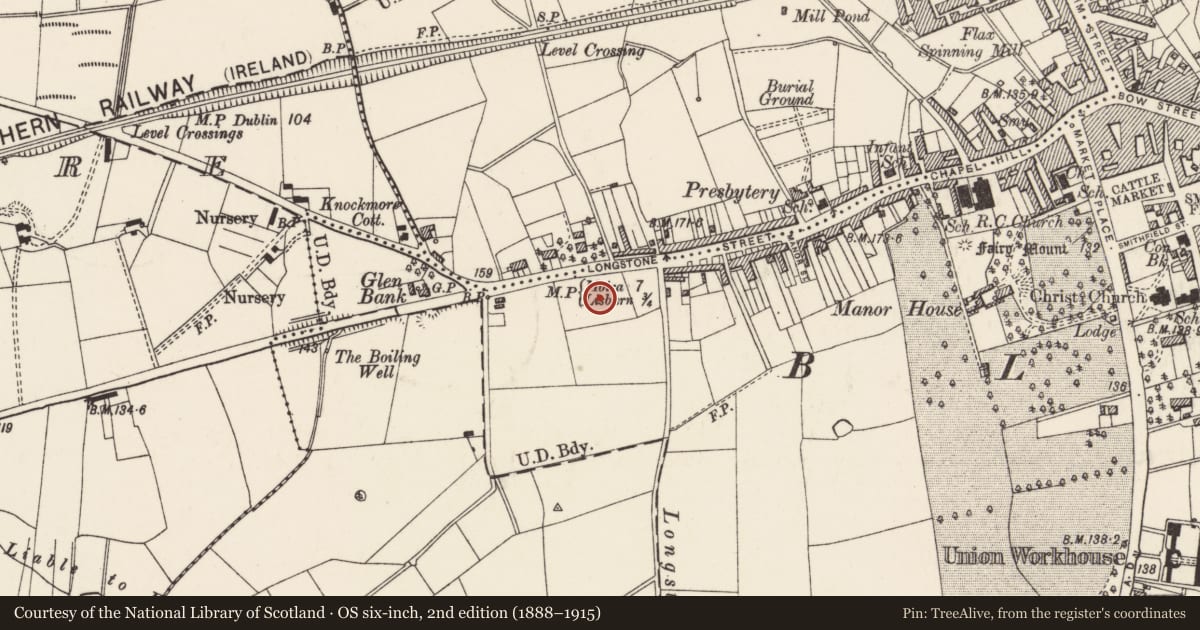 Ordnance Survey six-inch map, 2nd edition (1888–1915) covering the location of 5-18 Belvoir Park, Lisburn and Castlereagh, with a pin at the register's coordinates