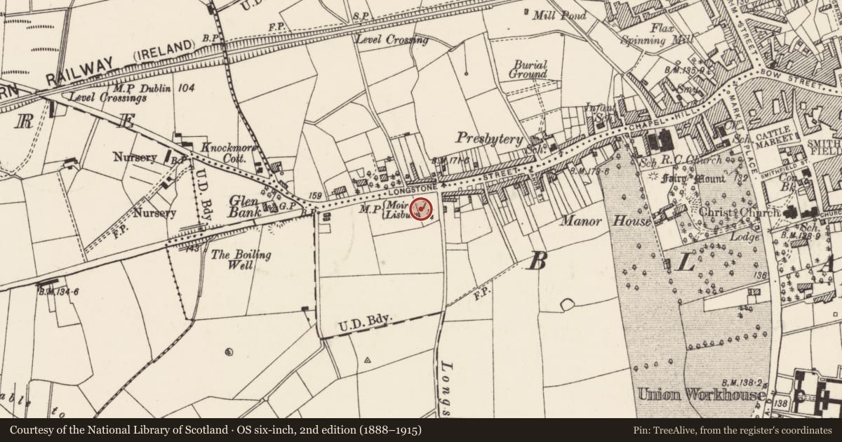 Ordnance Survey six-inch map, 2nd edition (1888–1915) covering the location of 4 Warren Park, Lisburn and Castlereagh, with a pin at the register's coordinates