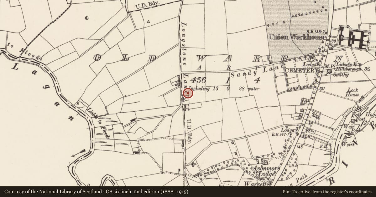 Ordnance Survey six-inch map, 2nd edition (1888–1915) covering the location of 139 Warren Gardens, Lisburn and Castlereagh, with a pin at the register's coordinates