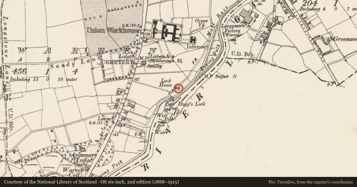 Ordnance Survey six-inch map, 2nd edition (1888–1915) covering the location of Demolished Lock House, Lisburn and Castlereagh, with a pin at the register's coordinates