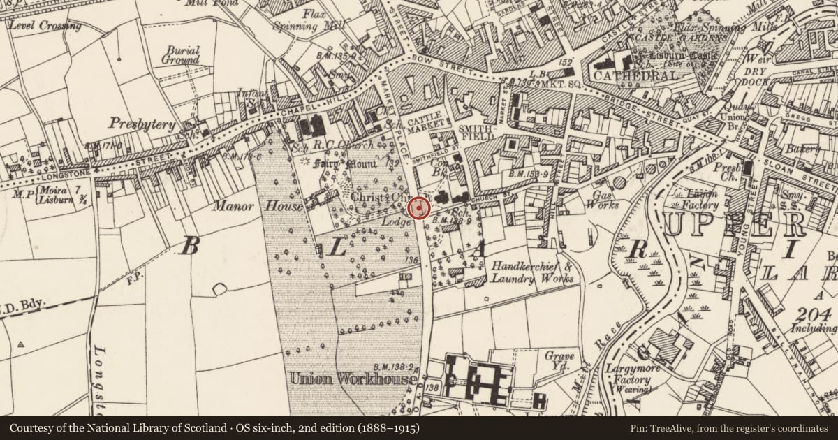 Ordnance Survey six-inch map, 2nd edition (1888–1915) covering the location of 1 Manor Drive, Old Warren, Lisburn and Castlereagh, with a pin at the register's coordinates