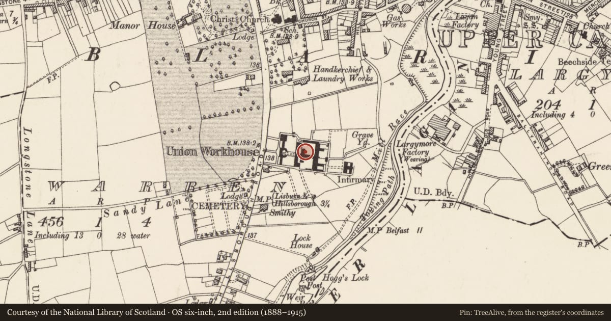 Ordnance Survey six-inch map, 2nd edition (1888–1915) covering the location of Lagan Valley Hospital, Old Warren, Lisburn and Castlereagh, with a pin at the register's coordinates