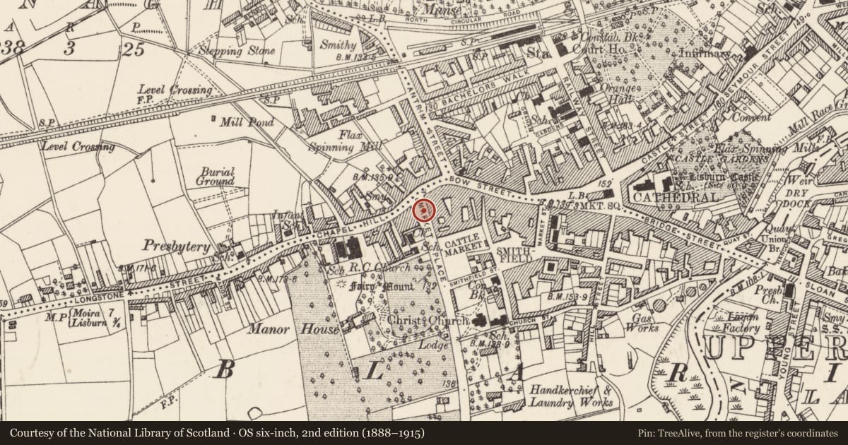 Ordnance Survey six-inch map, 2nd edition (1888–1915) covering the location of 6 Market Place, Lisburn and Castlereagh, with a pin at the register's coordinates