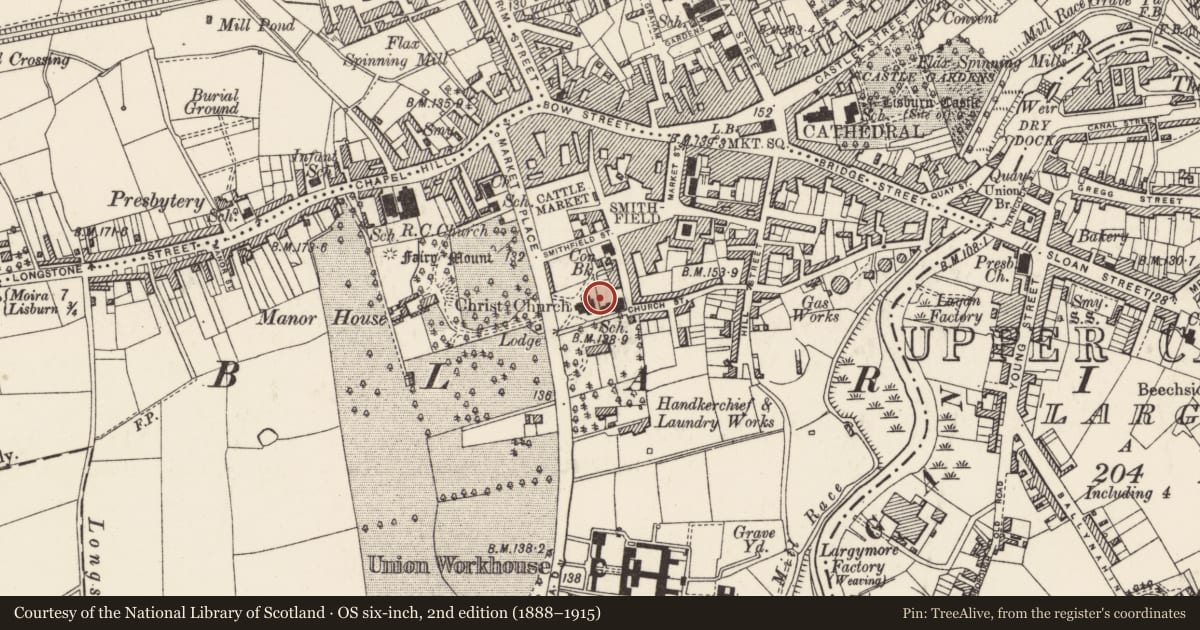 Ordnance Survey six-inch map, 2nd edition (1888–1915) covering the location of Christ Church, Church of Ireland, Old Warren, Lisburn and Castlereagh, with a pin at the register's coordinates