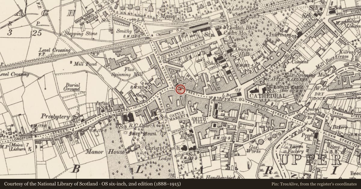 Ordnance Survey six-inch map, 2nd edition (1888–1915) covering the location of 59 Bow Street, Lisburn and Castlereagh, with a pin at the register's coordinates