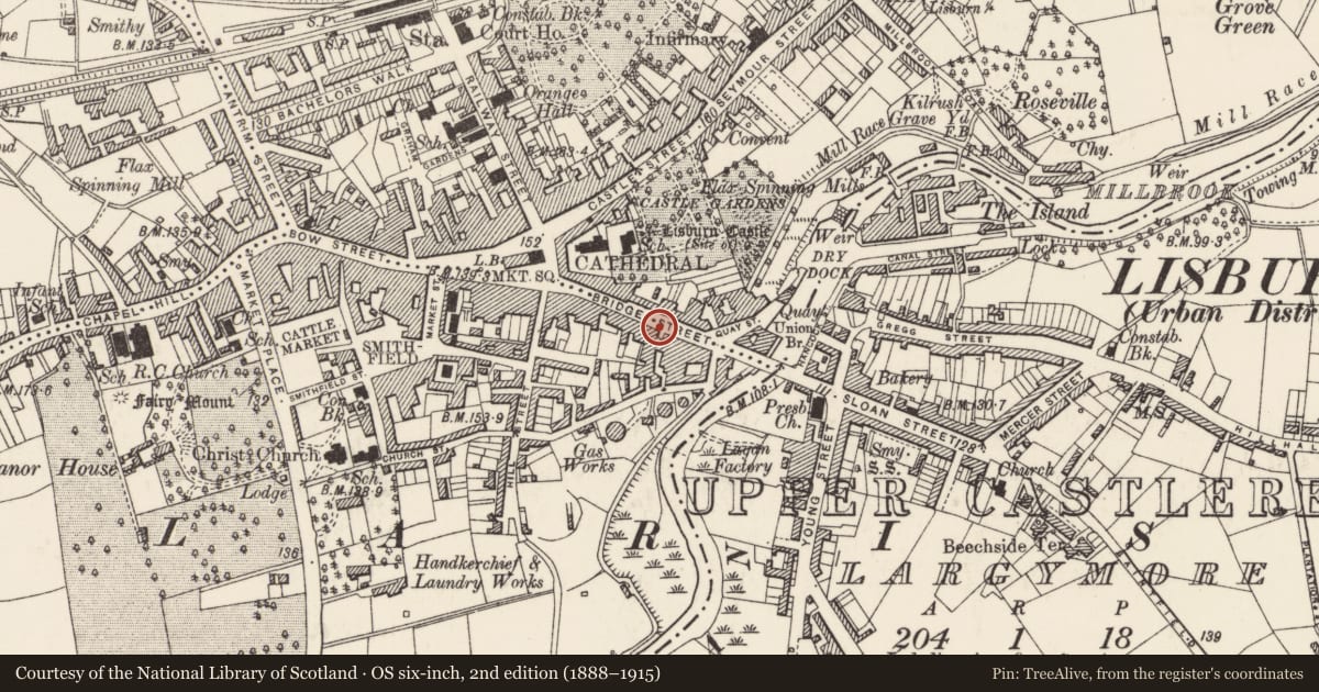 Ordnance Survey six-inch map, 2nd edition (1888–1915) covering the location of The Old Castle, Lisburn and Castlereagh, with a pin at the register's coordinates