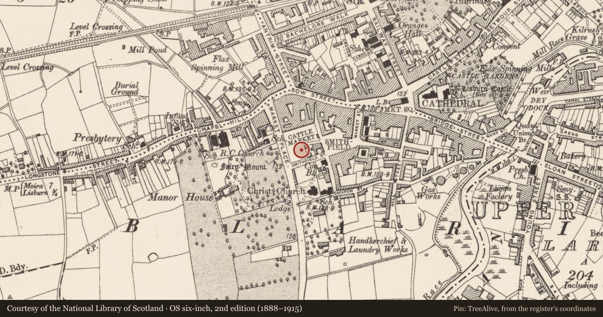 Ordnance Survey six-inch map, 2nd edition (1888–1915) covering the location of Lisburn Swimming Pool, Lisburn and Castlereagh, with a pin at the register's coordinates