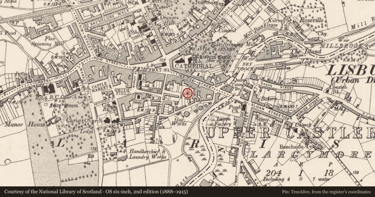 Ordnance Survey six-inch map, 2nd edition (1888–1915) covering the location of Lisburn Post Office, Old Warren, Lisburn and Castlereagh, with a pin at the register's coordinates